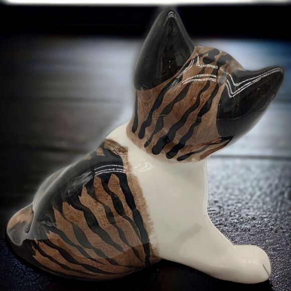 Artist Glazed Studio Art Crackle Heavy Ceramic Sitting Striped Tabby Cat Bookend - Picture 10 of 13